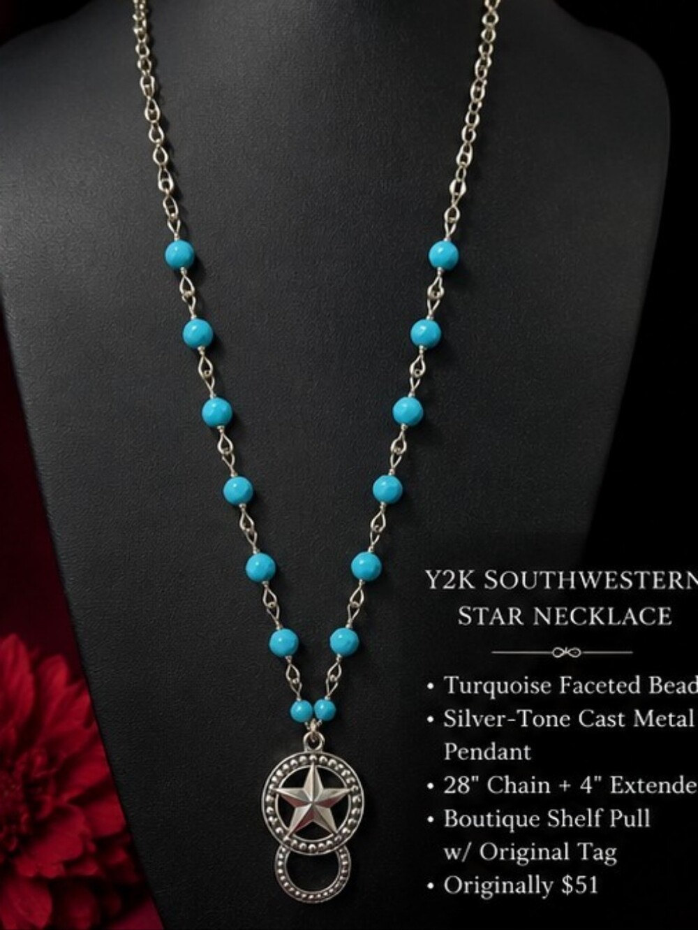 Vintage Y2K Western Turquoise Star Pendant Necklace NOS 28 Inch